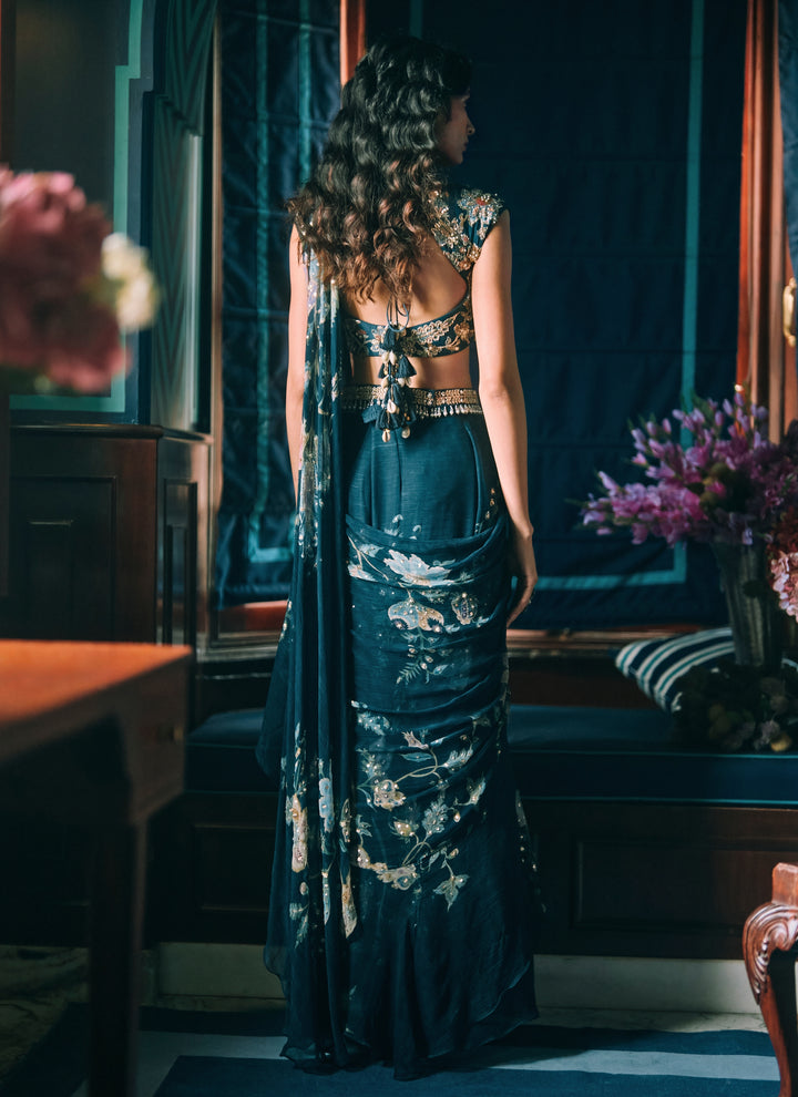 Blue Printed Chiffon Pre-Draped Saree