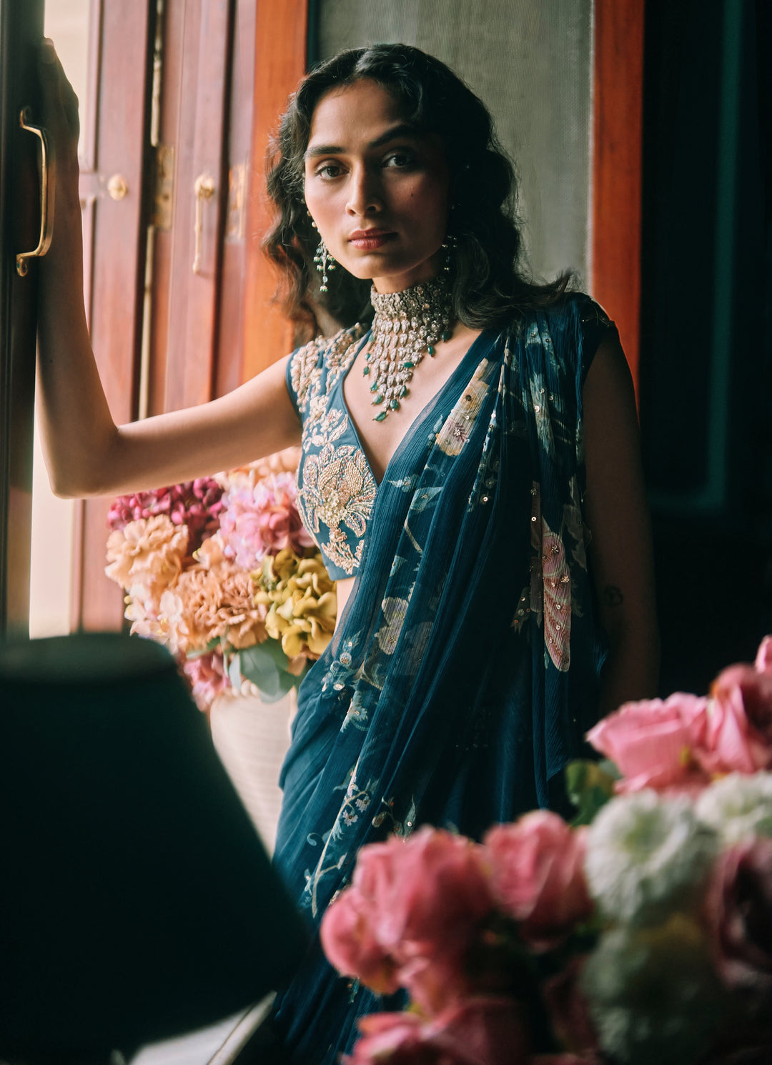 Blue Printed Chiffon Pre-Draped Saree