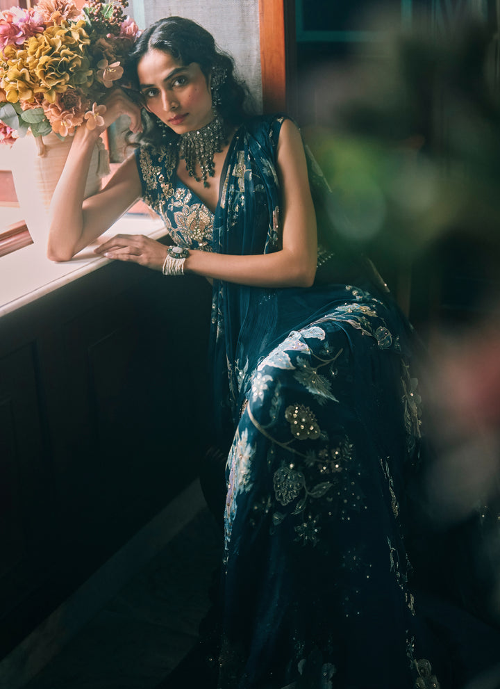 Blue Printed Chiffon Pre-Draped Saree
