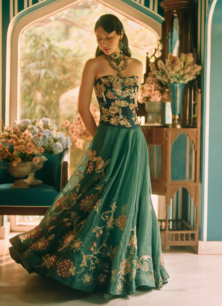 Green And Blue Printed Organza Corset Lehenga Set
