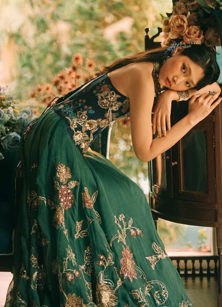 Green And Blue Printed Organza Corset Lehenga Set