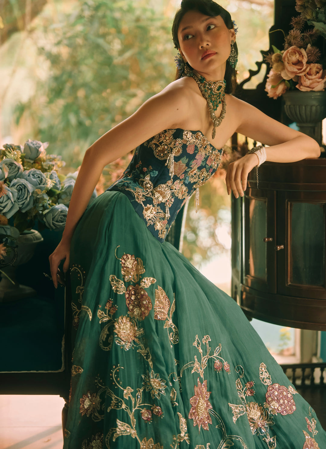 Green And Blue Printed Organza Corset Lehenga Set