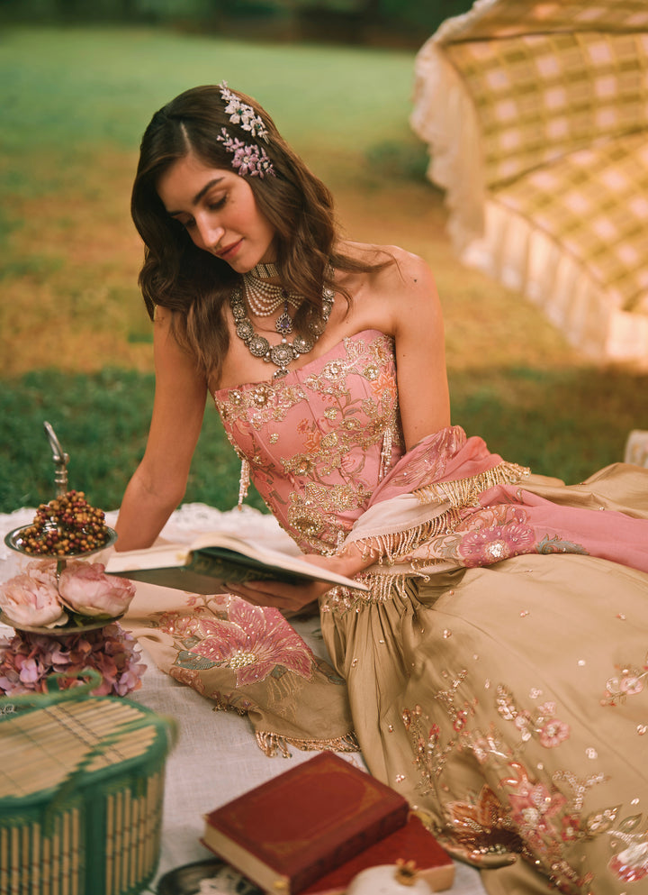 Green And Salmon Pink Printed Silk Corset Lehenga Set