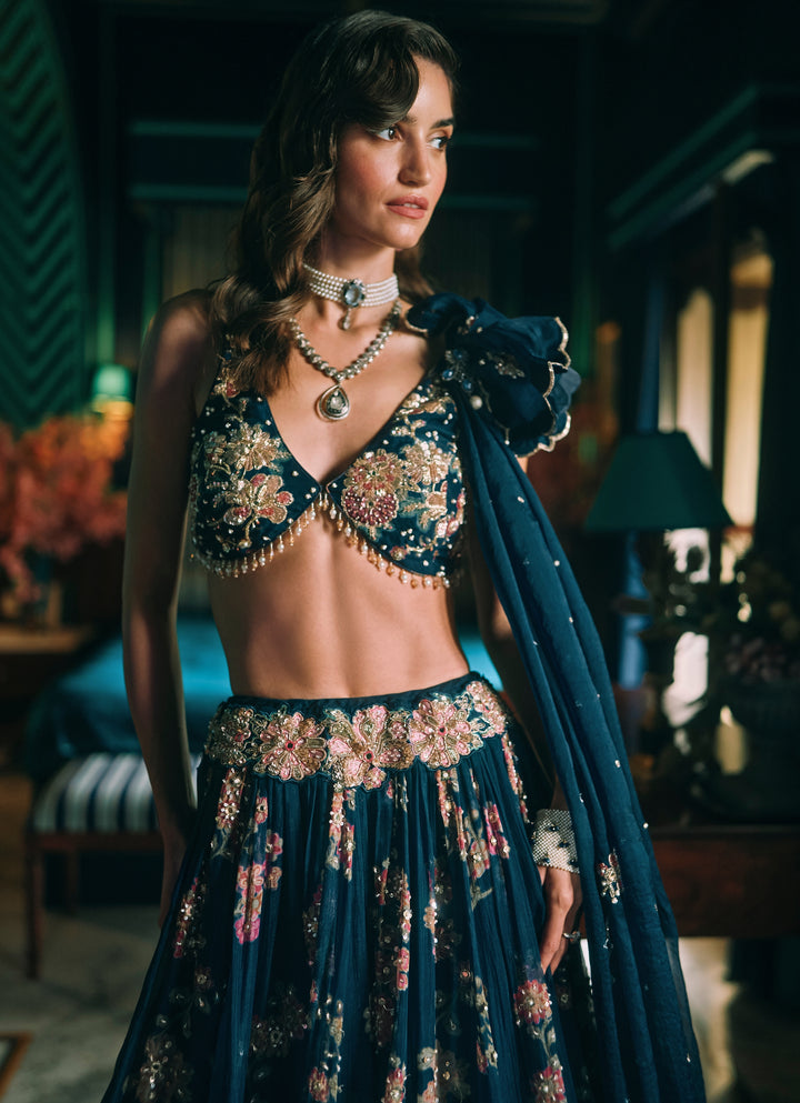 Blue Printed Organza Lehenga Set