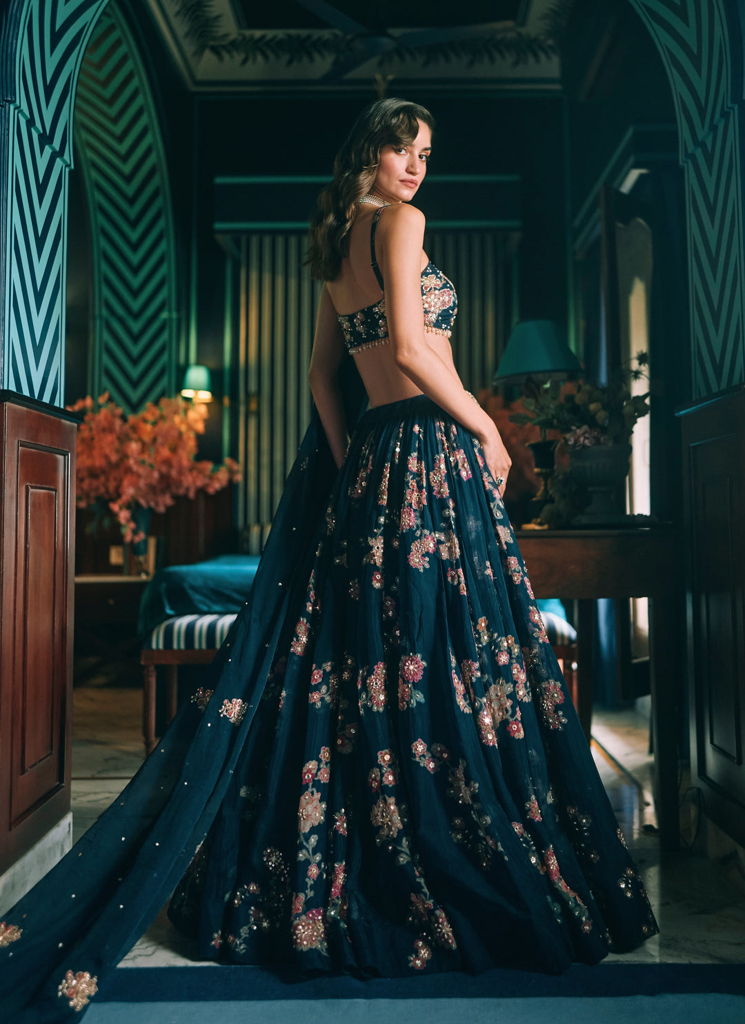 Blue Printed Organza Lehenga Set