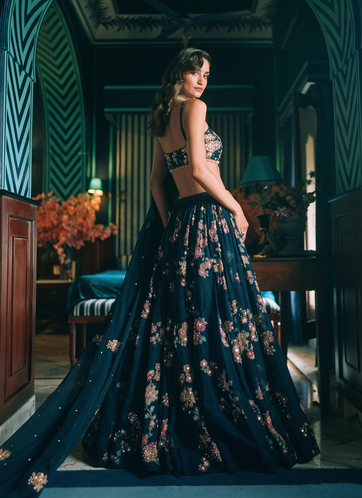 Blue Printed Organza Lehenga Set