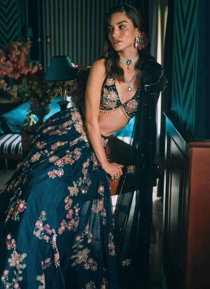 Blue Printed Organza Lehenga Set