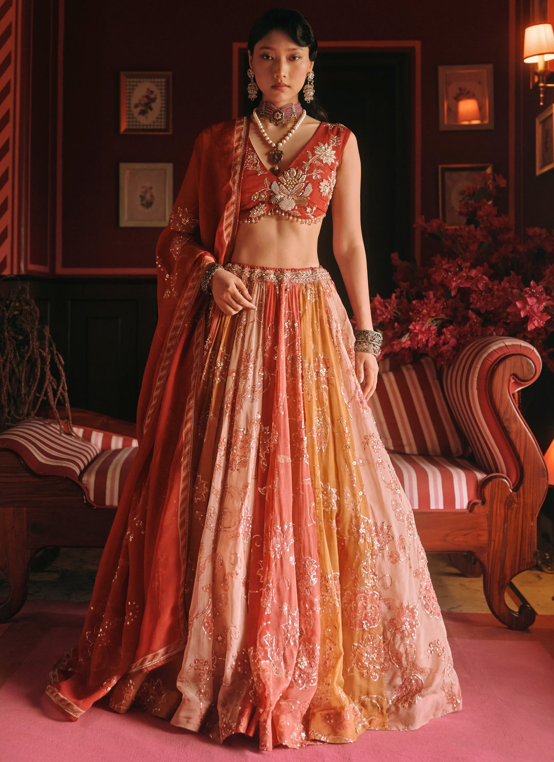 Multicolour Floral Organza Lehenga Set