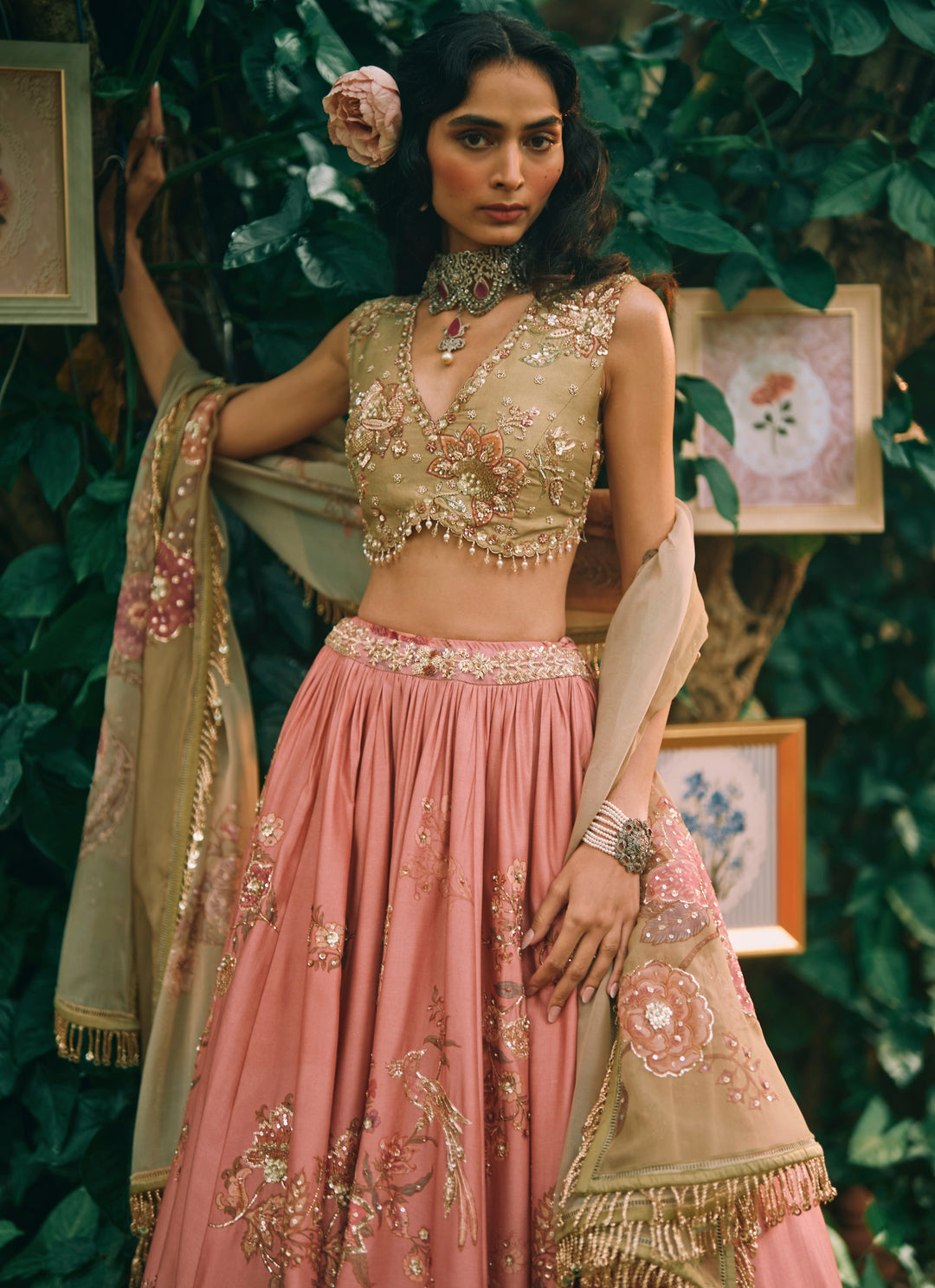 Salmon Pink Printed Silk Lehenga Set