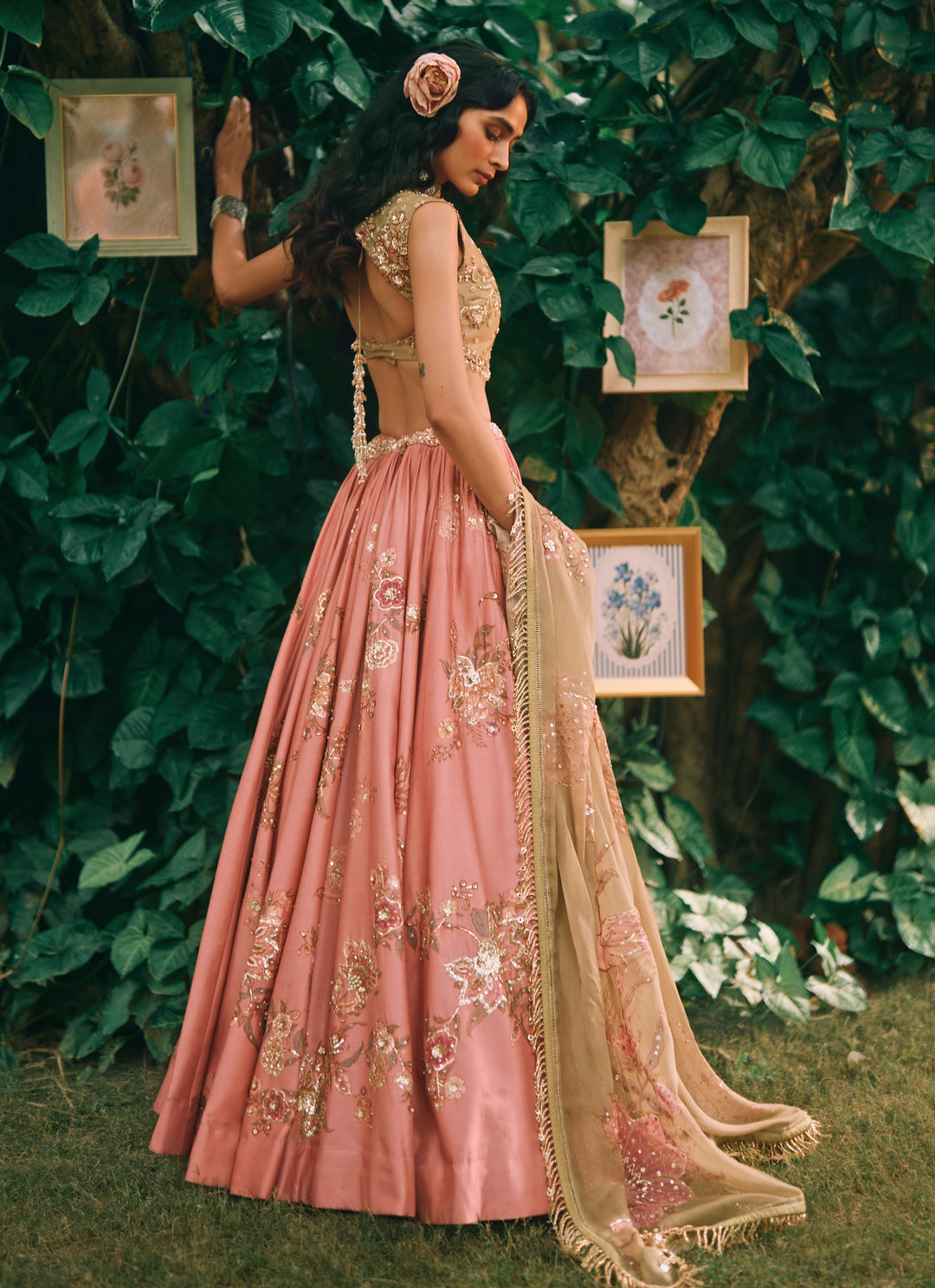 Salmon Pink Printed Silk Lehenga Set
