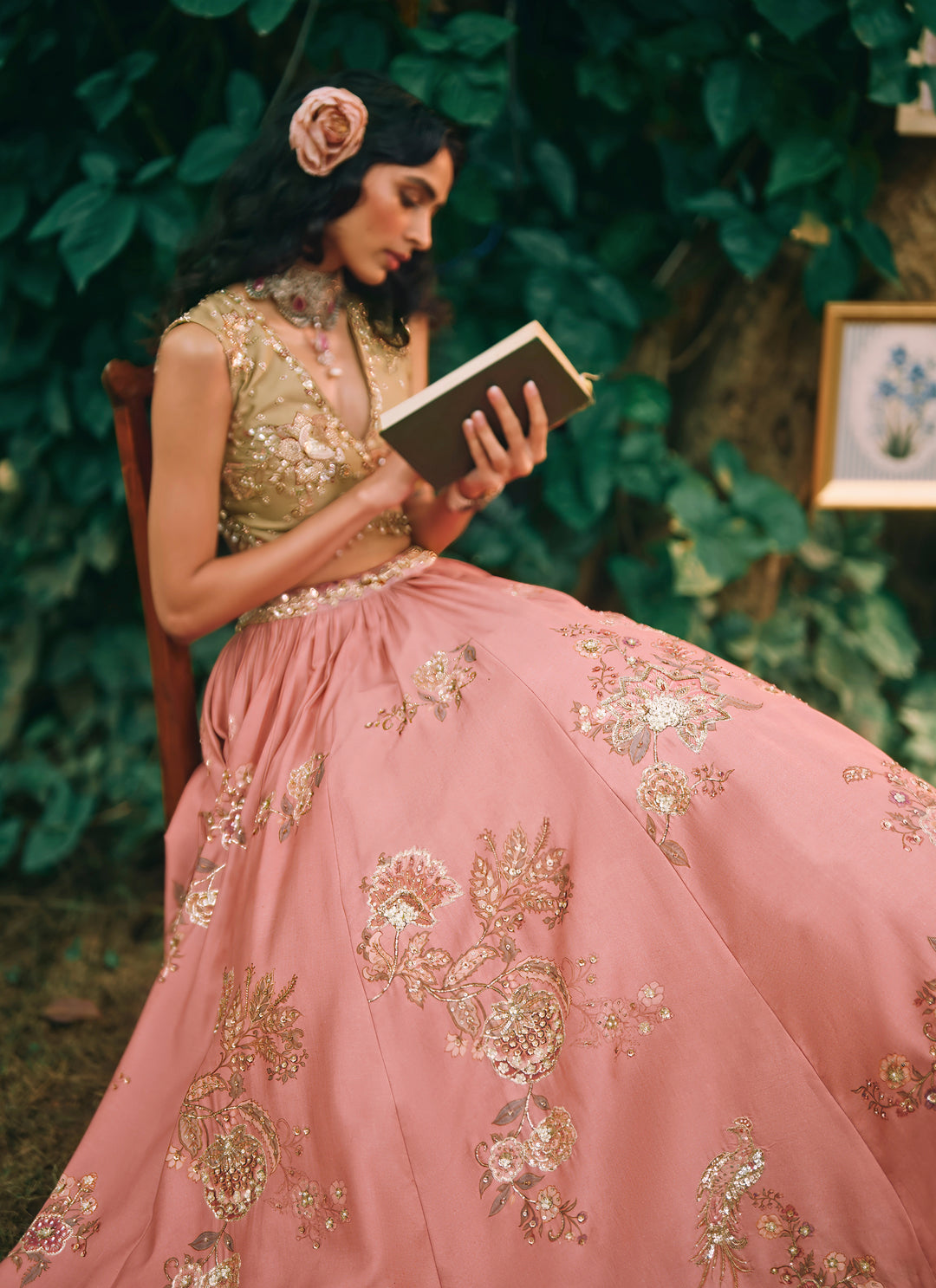 Salmon Pink Printed Silk Lehenga Set