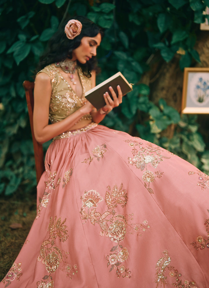 Salmon Pink Printed Silk Lehenga Set