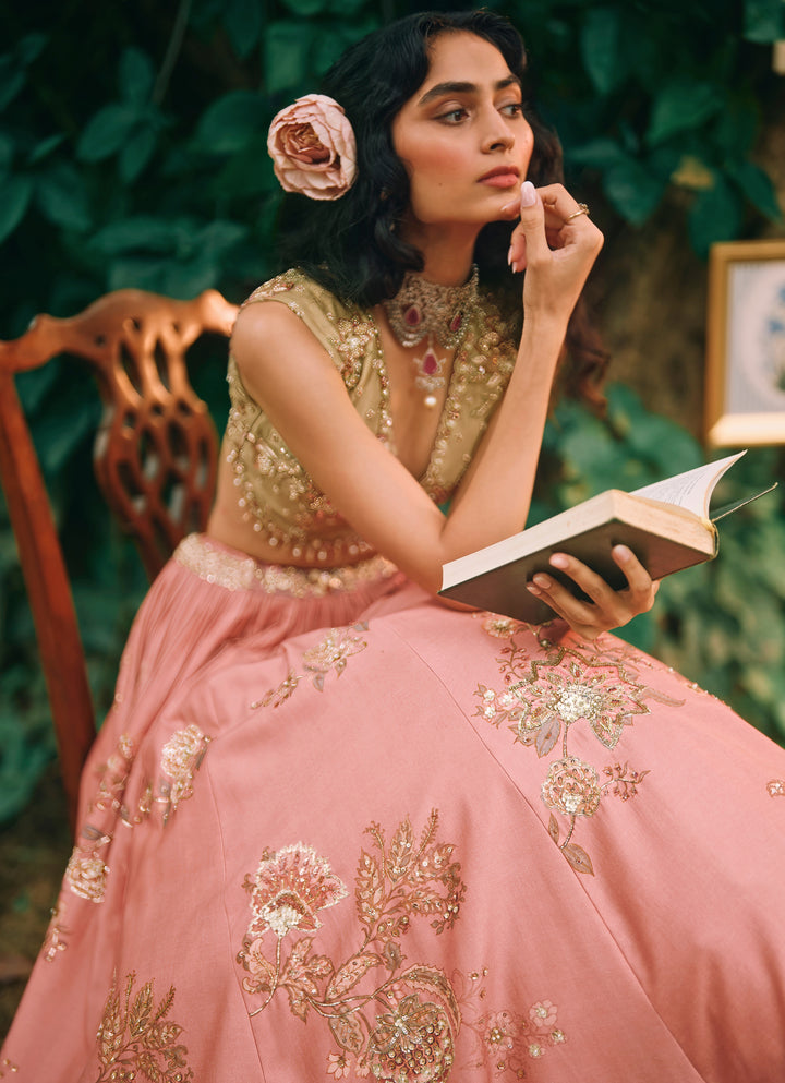 Salmon Pink Printed Silk Lehenga Set