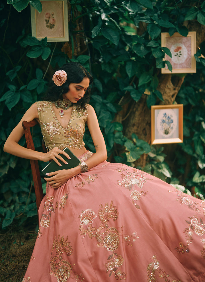 Salmon Pink Printed Silk Lehenga Set