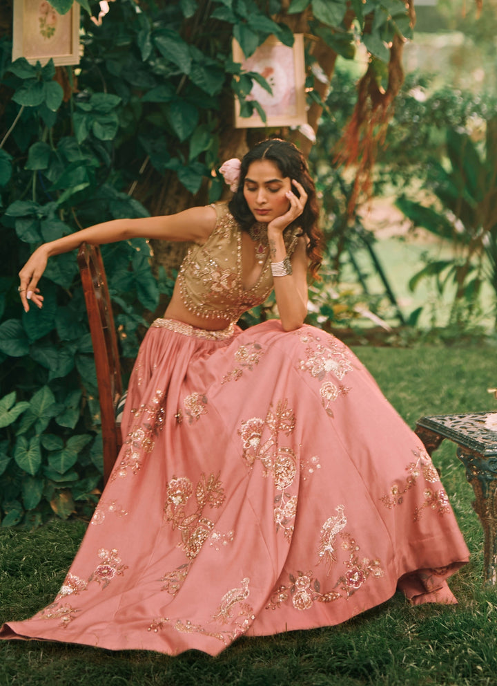 Salmon Pink Printed Silk Lehenga Set