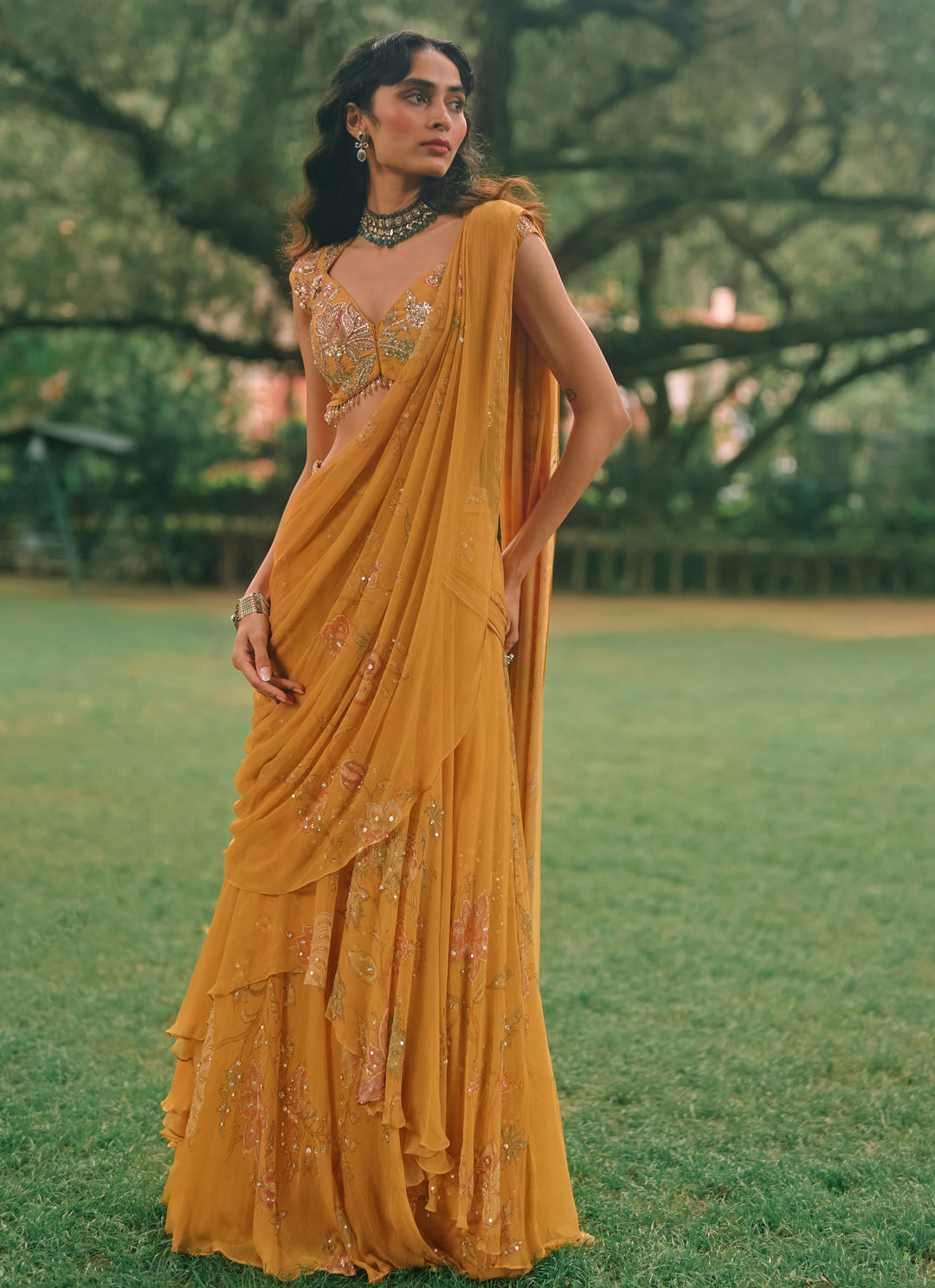 Mustard Yellow Printed Chiffon Pre-Draped Saree