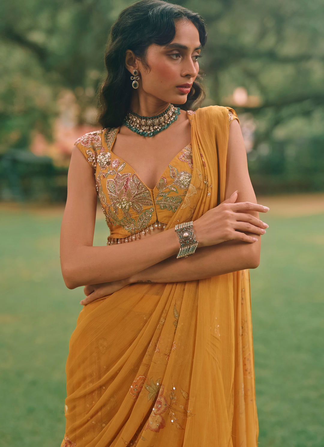 Mustard Yellow Printed Chiffon Pre-Draped Saree