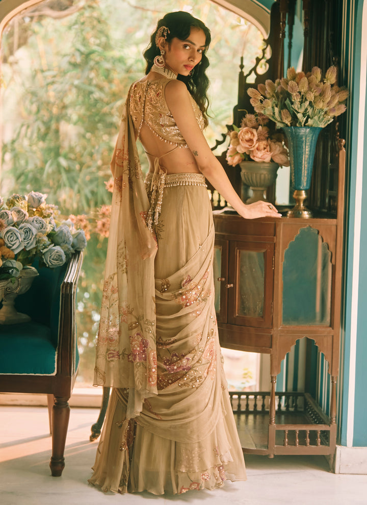 Dusty Green Printed Chiffon Pre-Draped Saree
