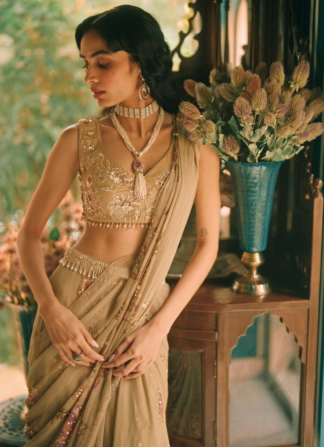 Dusty Green Printed Chiffon Pre-Draped Saree