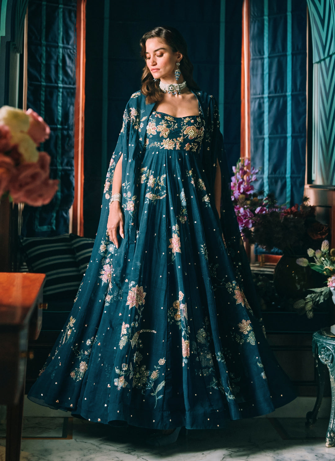 Blue Printed Organza Maxi With Cape