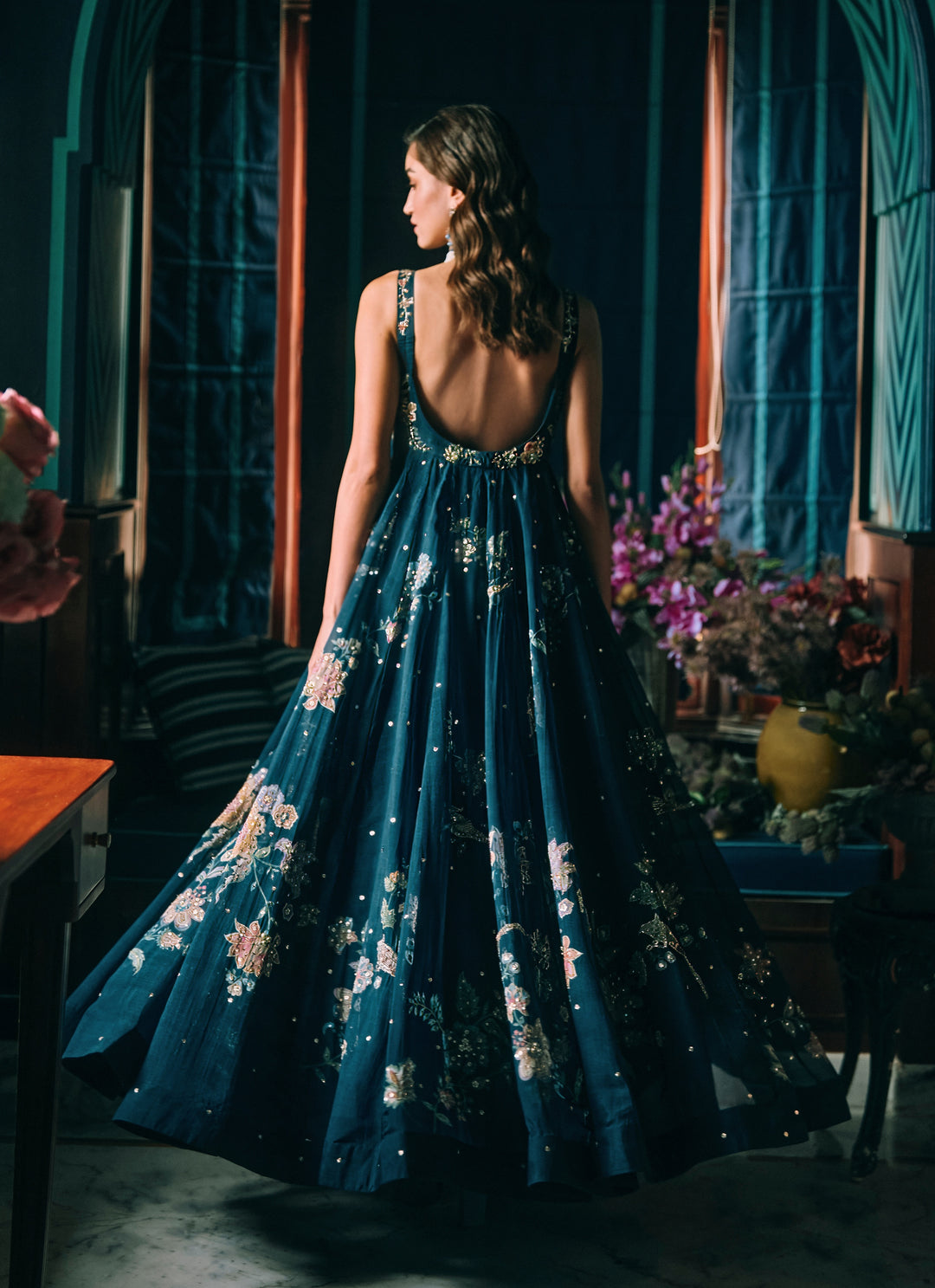 Blue Printed Organza Maxi With Cape