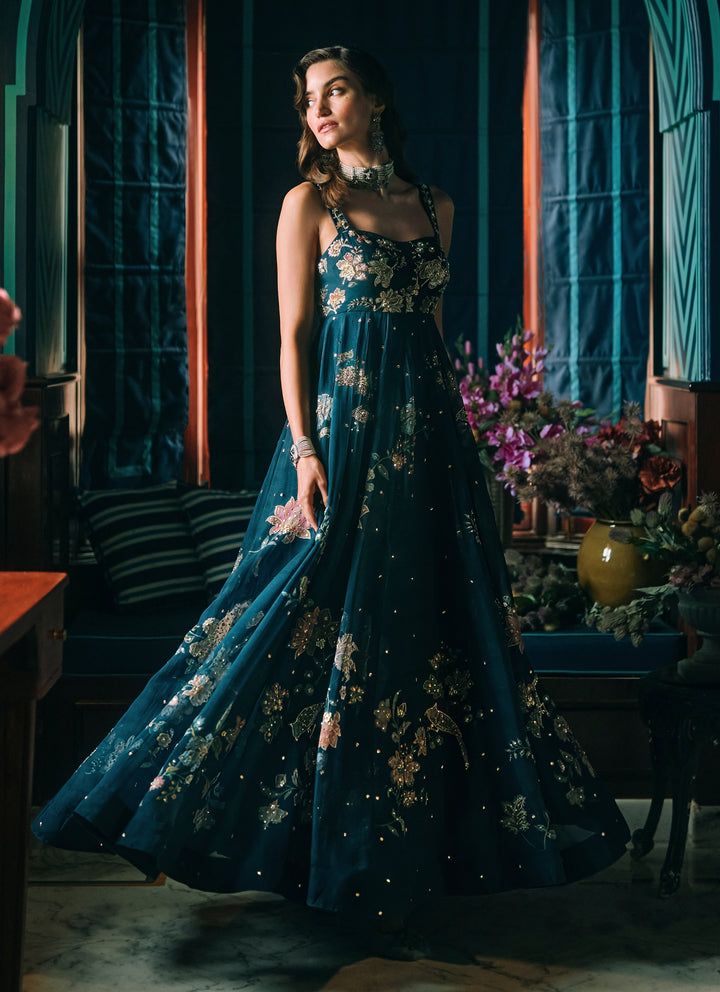 Blue Printed Organza Maxi With Cape