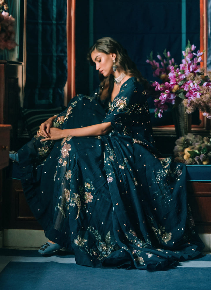 Blue Printed Organza Maxi With Cape