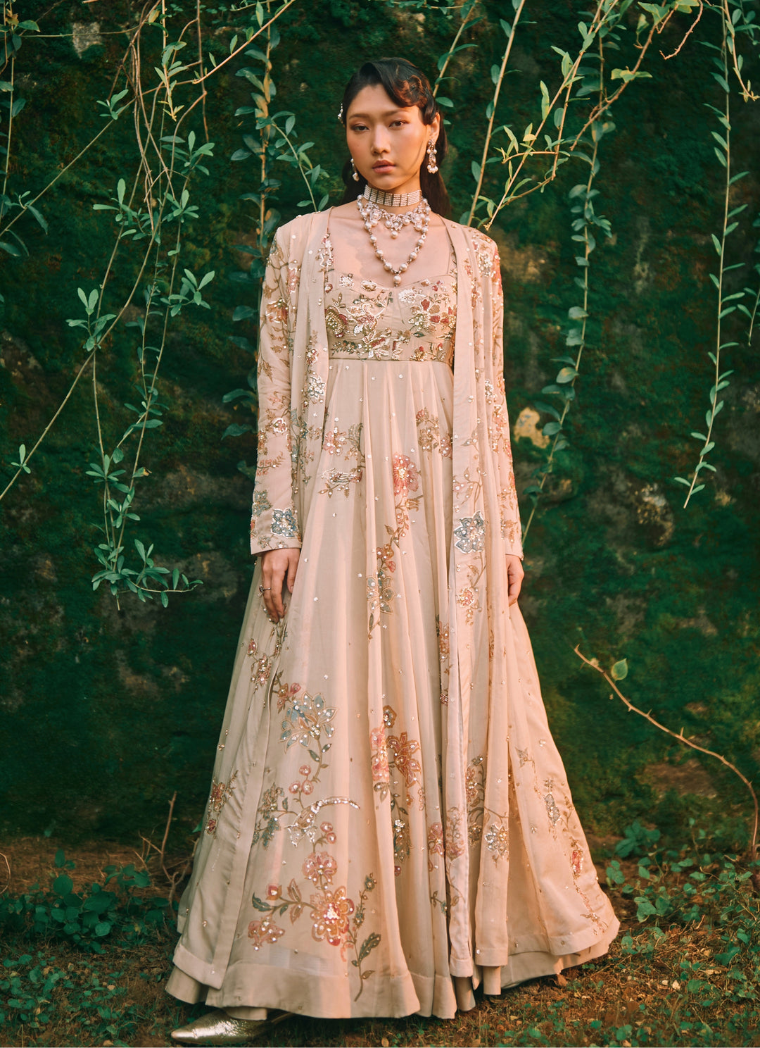 Ivory Printed Organza Anarkali Set With Jacket