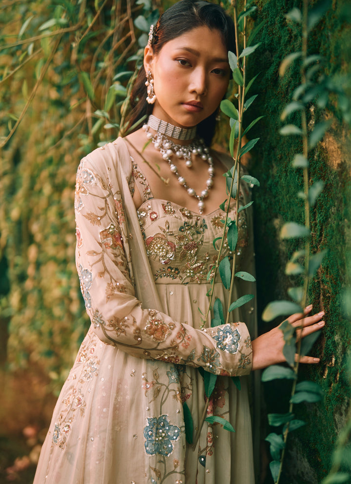 Ivory Printed Organza Anarkali Set With Jacket
