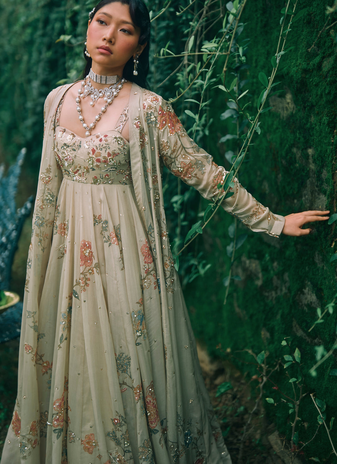Ivory Printed Organza Anarkali Set With Jacket