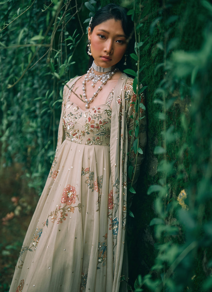Ivory Printed Organza Anarkali Set With Jacket