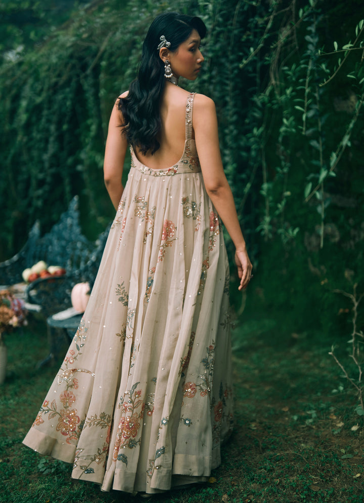 Ivory Printed Organza Anarkali Set With Jacket
