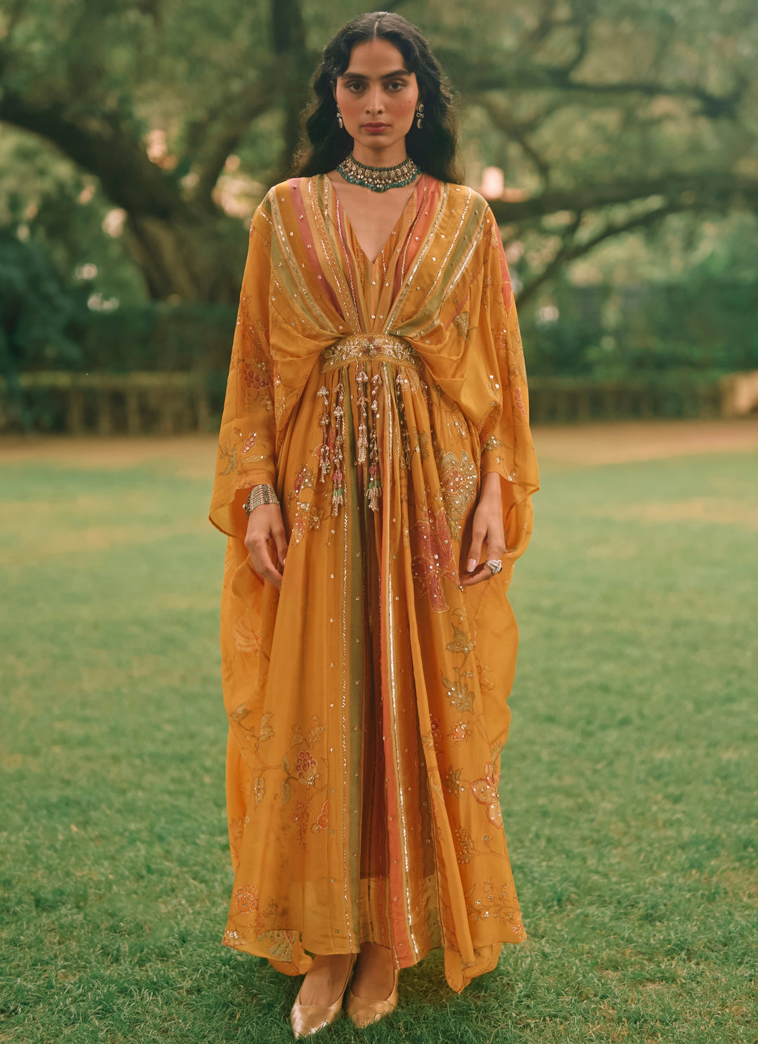 Mustard Yellow Printed Organza Kaftan