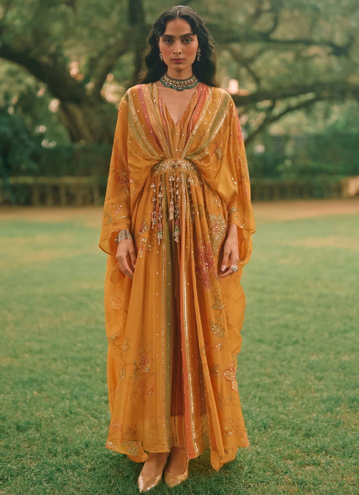 Mustard Yellow Printed Organza Kaftan