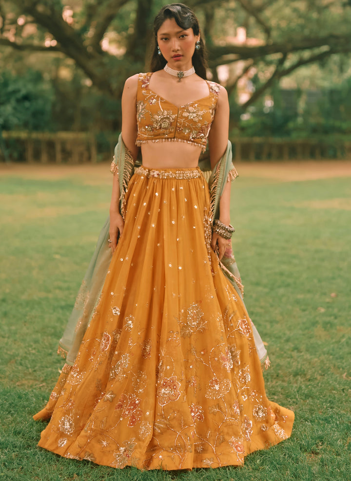 Mustard Yellow And Jade Green Printed Organza Lehenga Set