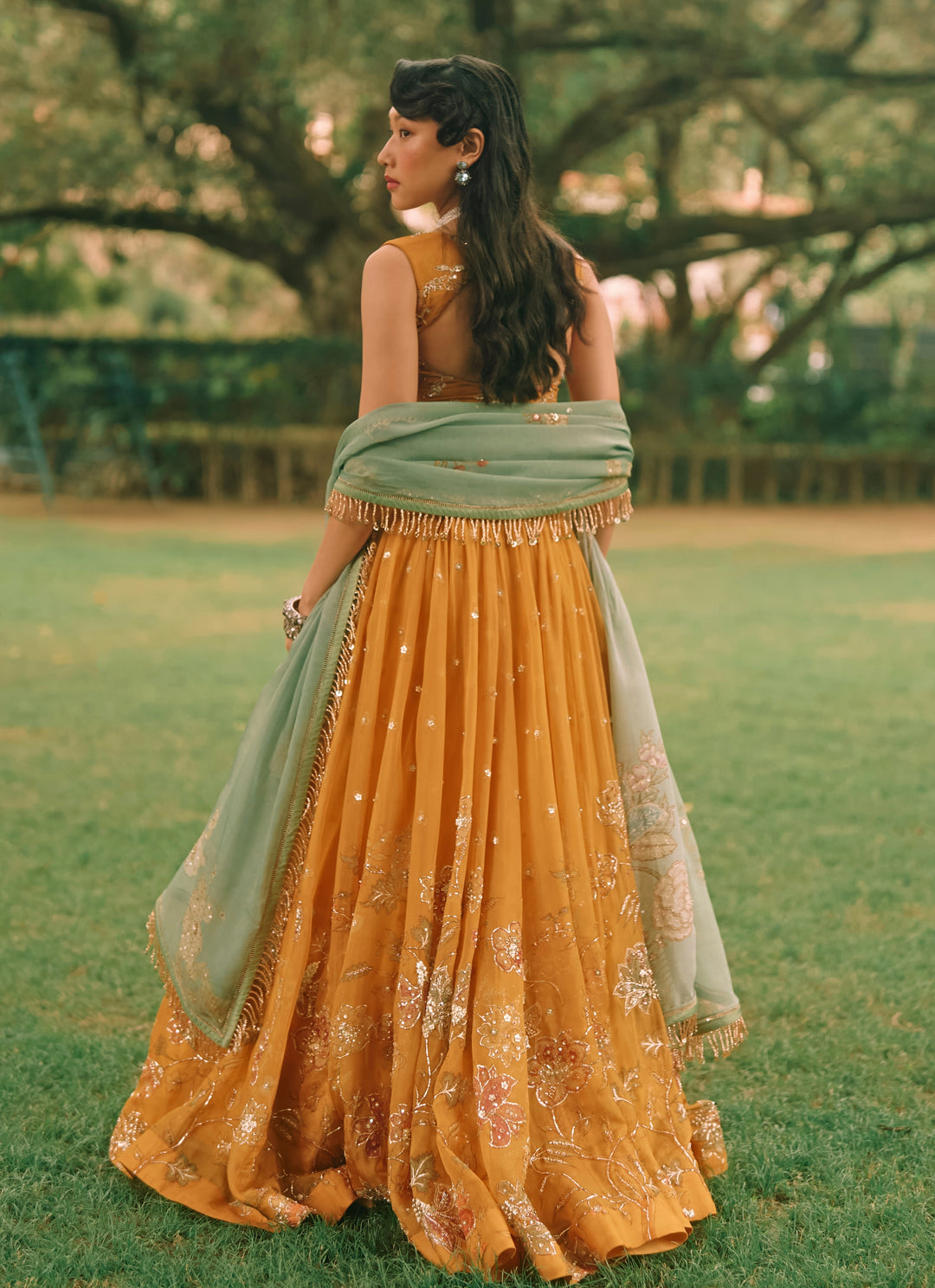 Mustard Yellow And Jade Green Printed Organza Lehenga Set