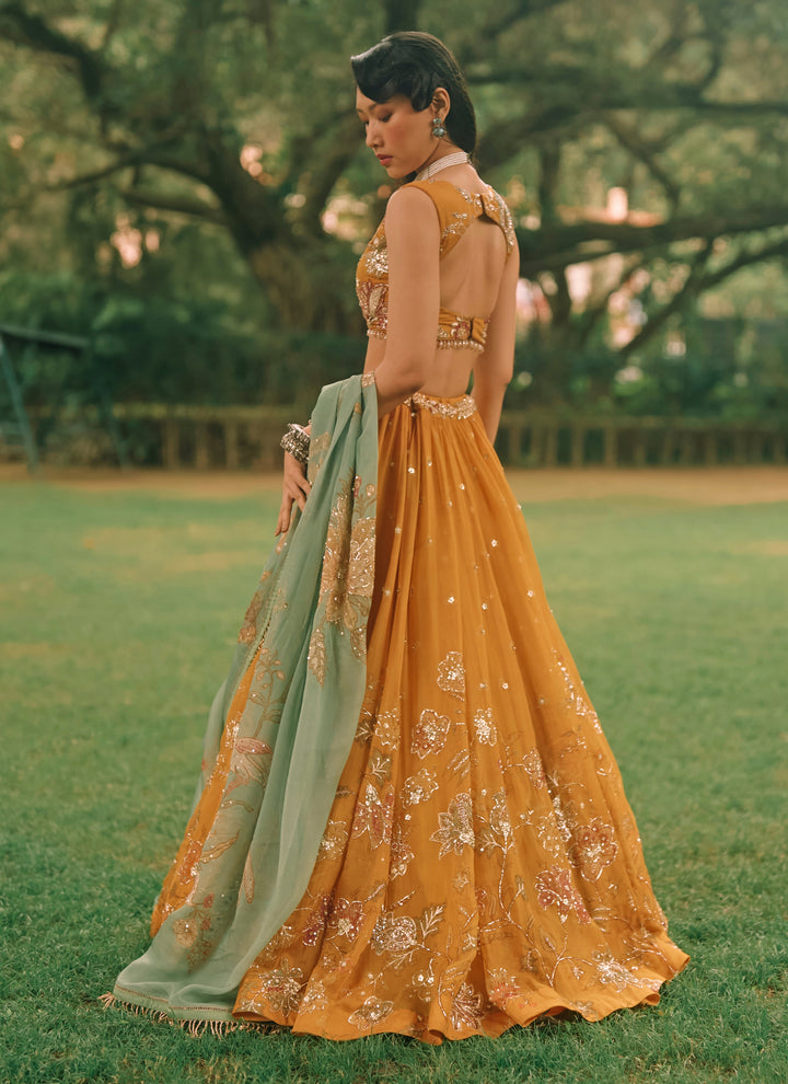 Mustard Yellow And Jade Green Printed Organza Lehenga Set