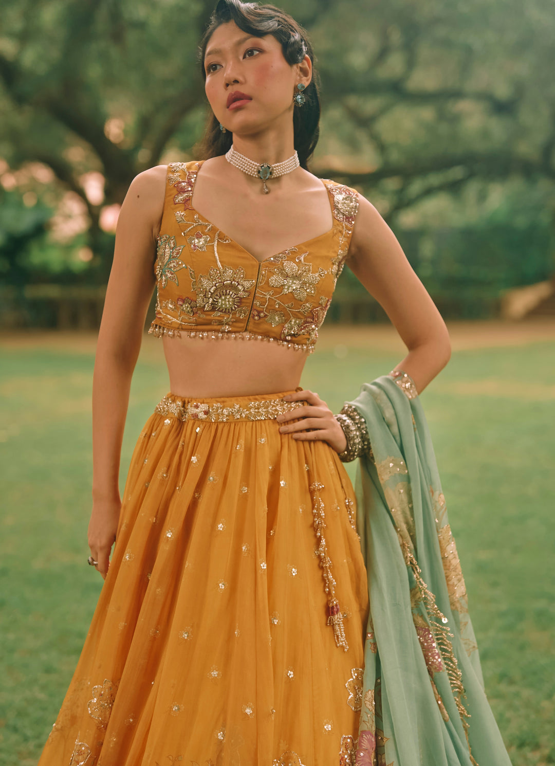 Mustard Yellow And Jade Green Printed Organza Lehenga Set