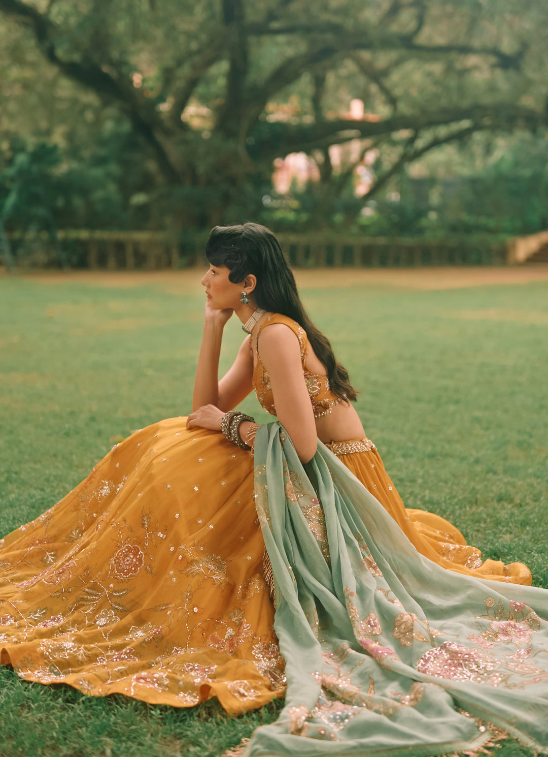 Mustard Yellow And Jade Green Printed Organza Lehenga Set