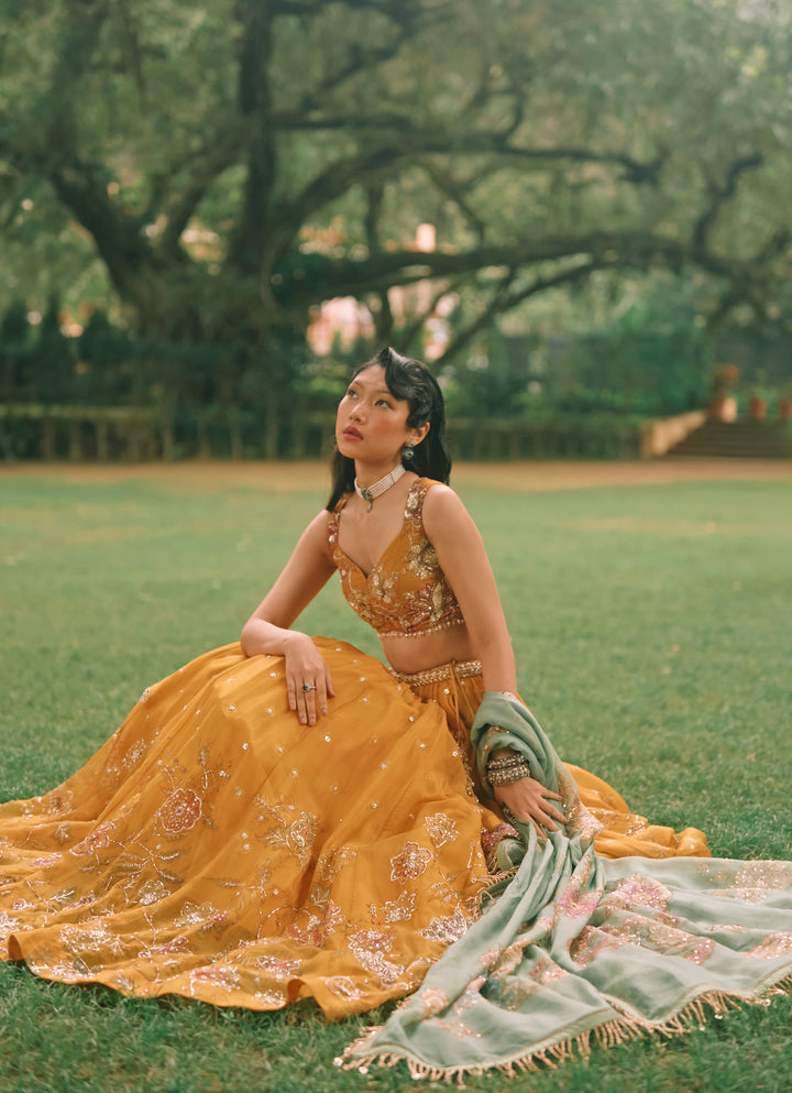 Mustard Yellow And Jade Green Printed Organza Lehenga Set