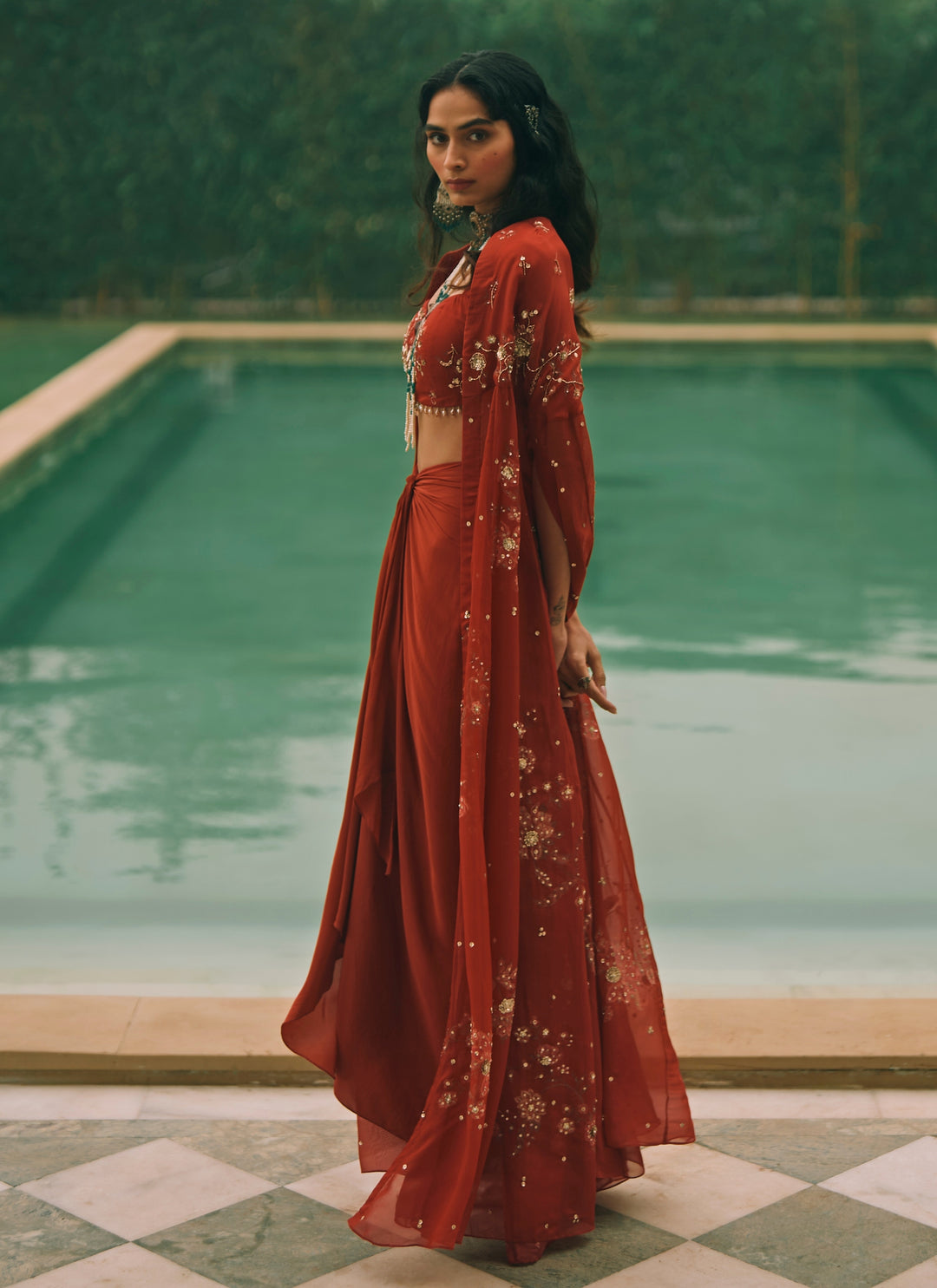 Red Printed Organza Draped Skirt Set With Cape