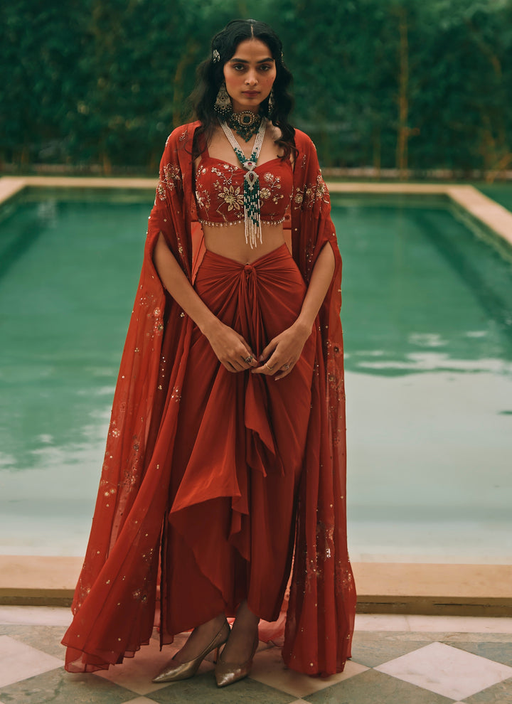 Red Printed Organza Draped Skirt Set With Cape