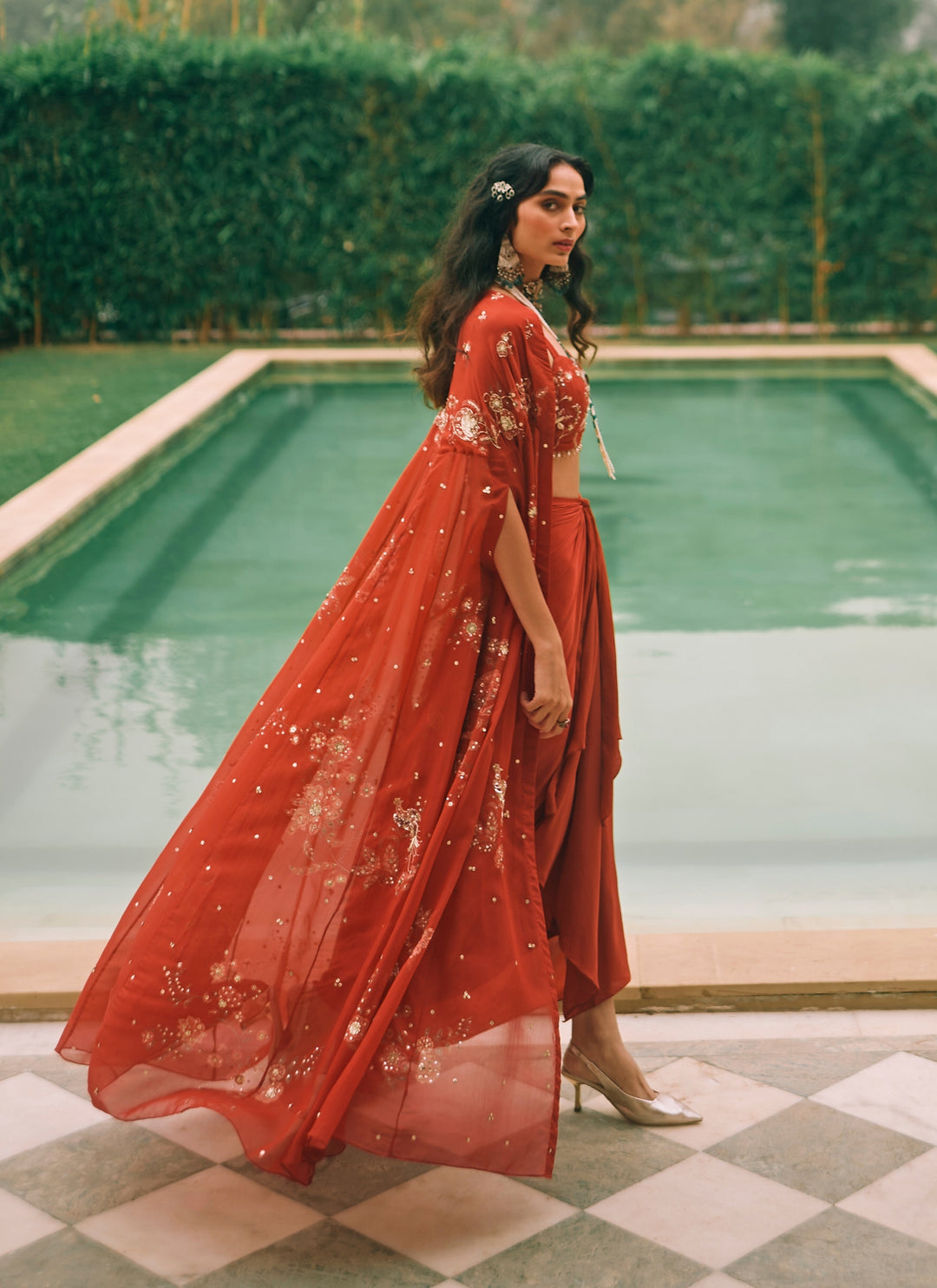 Red Printed Organza Draped Skirt Set With Cape