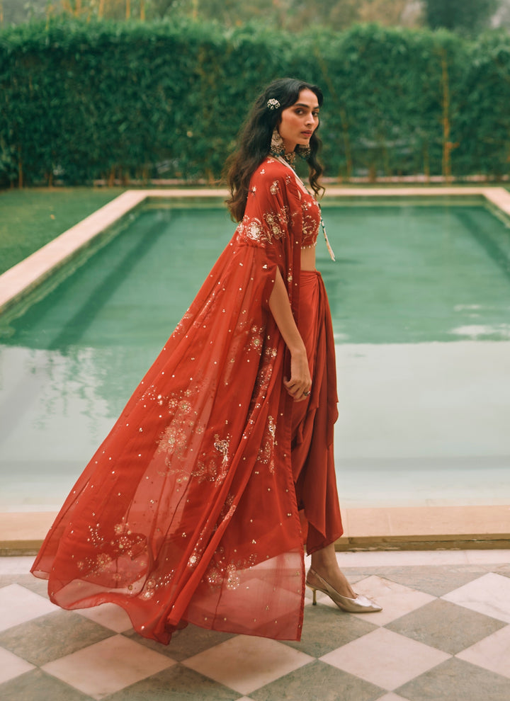 Red Printed Organza Draped Skirt Set With Cape