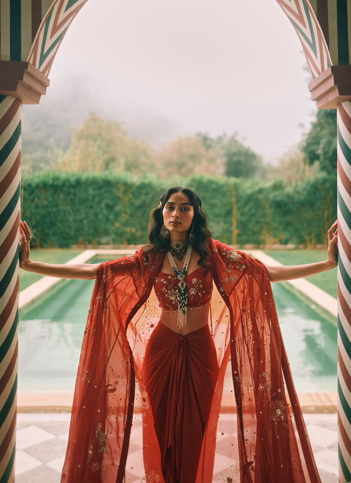 Red Printed Organza Draped Skirt Set With Cape