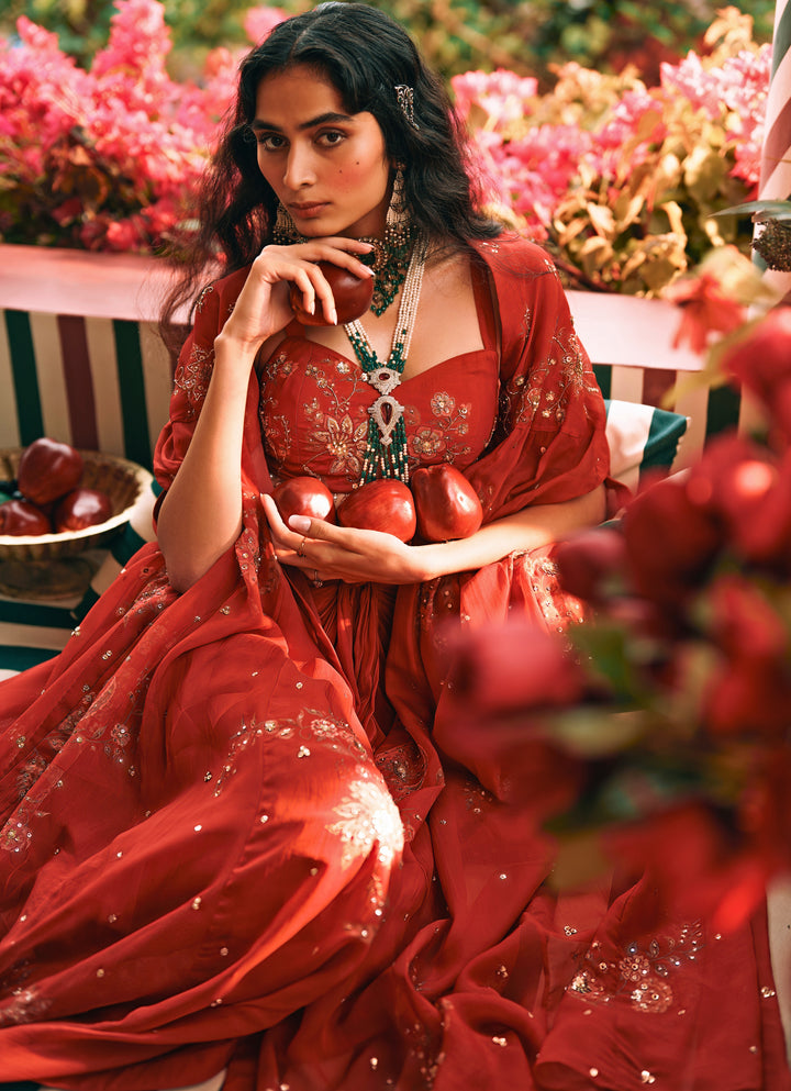 Red Printed Organza Draped Skirt Set With Cape