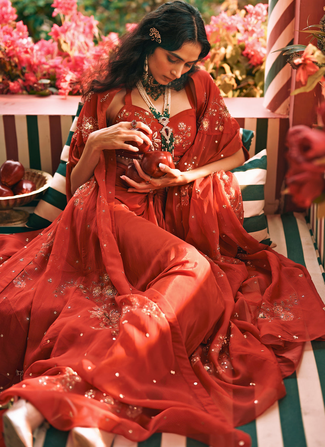 Red Printed Organza Draped Skirt Set With Cape