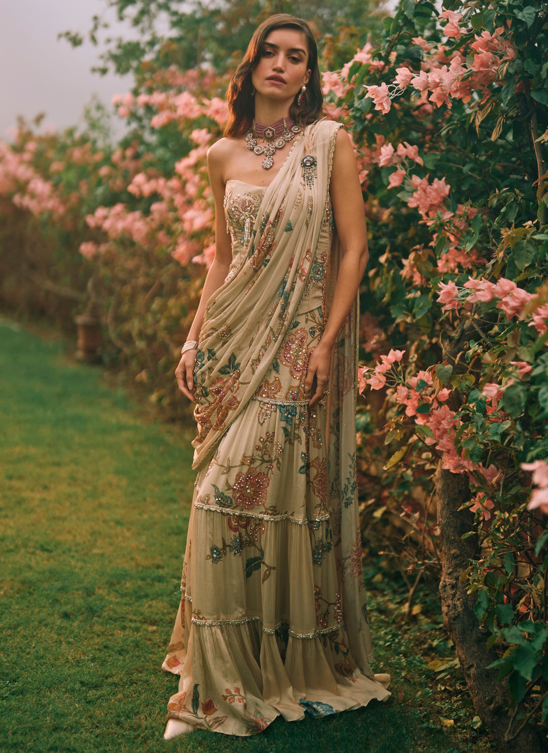 Ivory Printed Chiffon Corset Saree Set