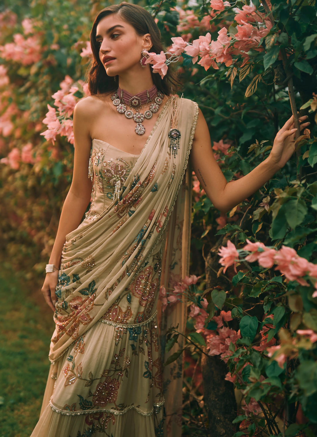 Ivory Printed Chiffon Corset Saree Set