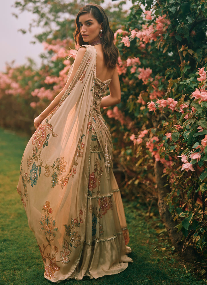 Ivory Printed Chiffon Corset Saree Set
